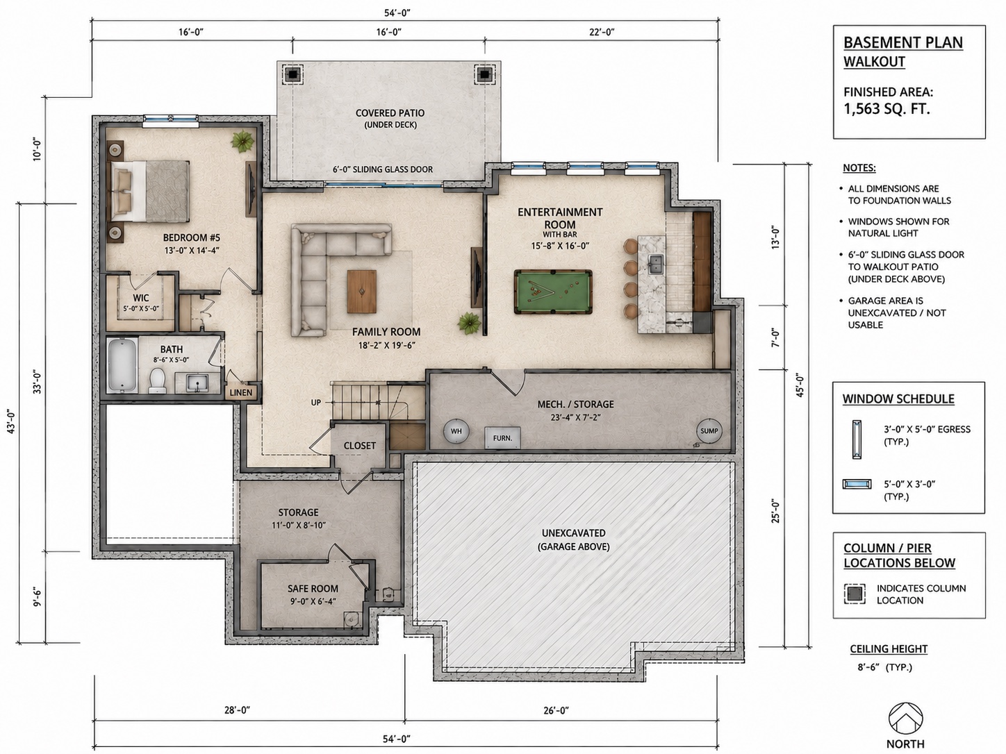 Floor plan of the finished walkout lower level: bedroom 5 with walk-in closet, full bath, family room, entertainment room with bar, safe room, storage, and covered patio under the deck — 1,563 finished square feet